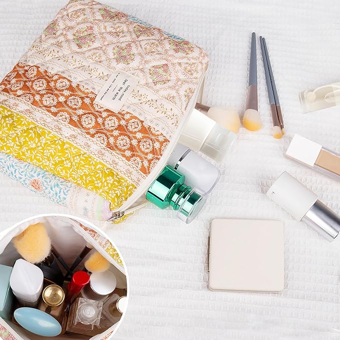 Gosect Floral Makeup Bag, Small Cosmetic Bag for Women Girls, Cute Cotton Makeup Bag,