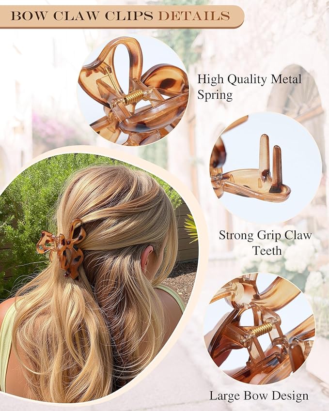 4 PCS Bow Hair Clips Bow Claw Clip for Women, Large Hair Claw Clips for Thin Thick Hair (Leopard(Deep coffee+light yellow+orange+light gray))