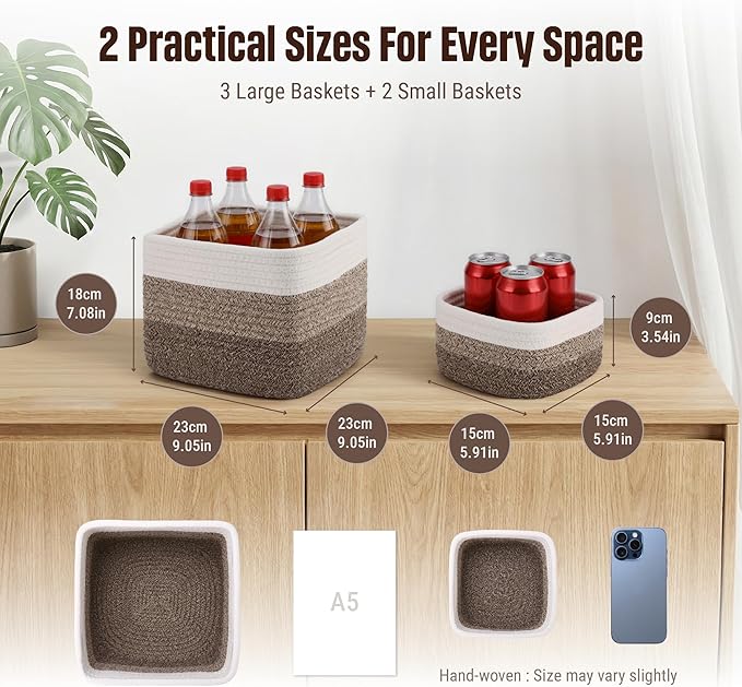 5-Pack Storage Cubes Woven Rope Baskets - 2 Sizes Organizer Bins for Closet, Shelf, Bookshelf, Nursery, Changing Table, Cube Storage Bins, Storage Baskets for Bathroom Toy & Home