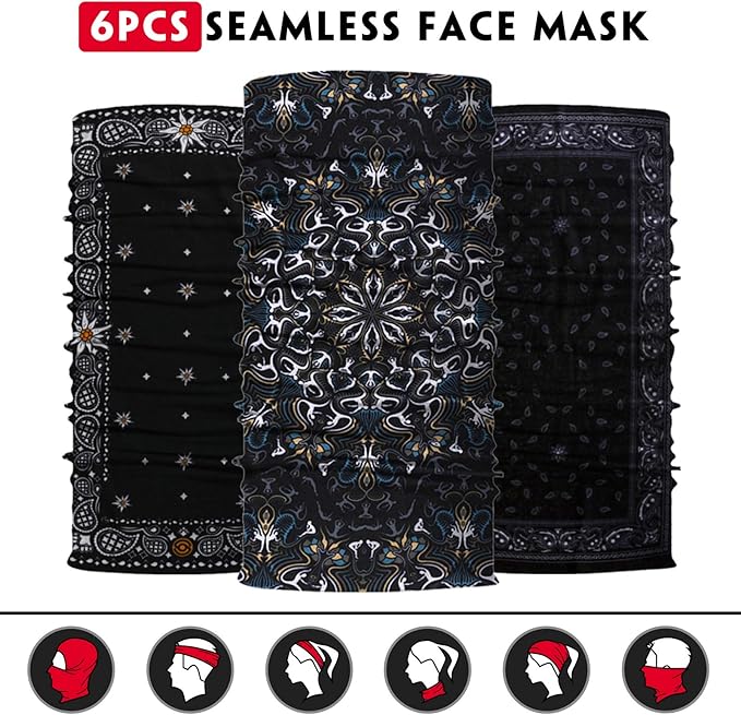 Neck Gaiter Mask, Sun Mask, Rave Bandana Face Mask, Seamless Face Scarf, Headband for Men Women (A-Black Series 2)