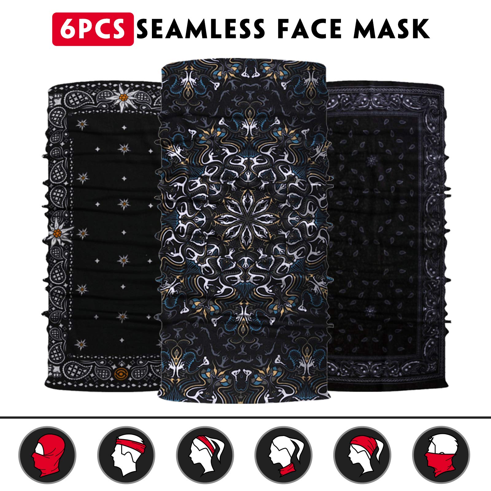 Neck Gaiter Mask, Sun Mask, Rave Bandana Face Mask, Seamless Face Scarf, Headband for Men Women (A-Black Series 2)
