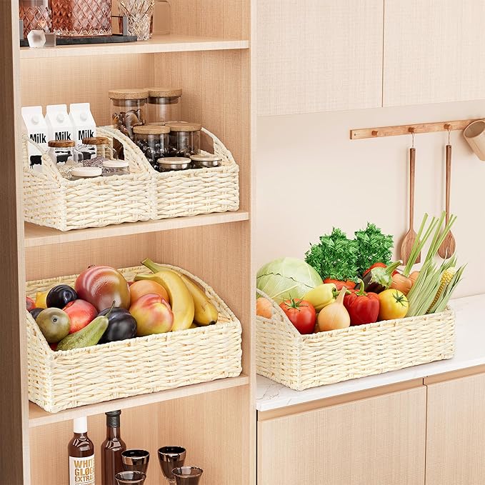 Ollieroo Rattan Storage Baskets, Handwoven Wicker Storage Bins with Built-in Handles, Storage Container Baskets for Shelves, Bedroom, Bathroom, Laundry Room or Kitchen(Beige)
