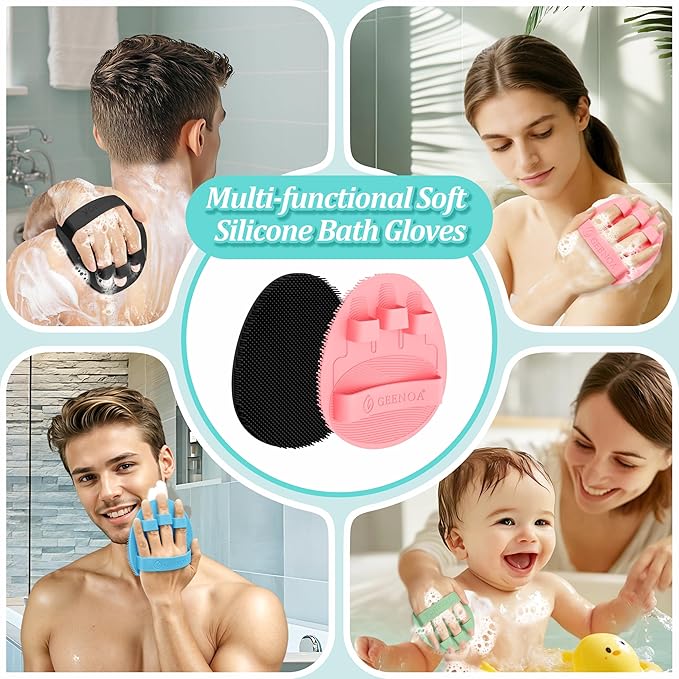 Silicone Bath Gloves 4PCS, 360° Anti-Slip & Enlarged Silicone Body Scrubber for Rich Foaming Deep Cleaning, Revolutionary No-Grip & Hand-fit Shower Scrubber for All Skin Types(Black/Pinkx2)