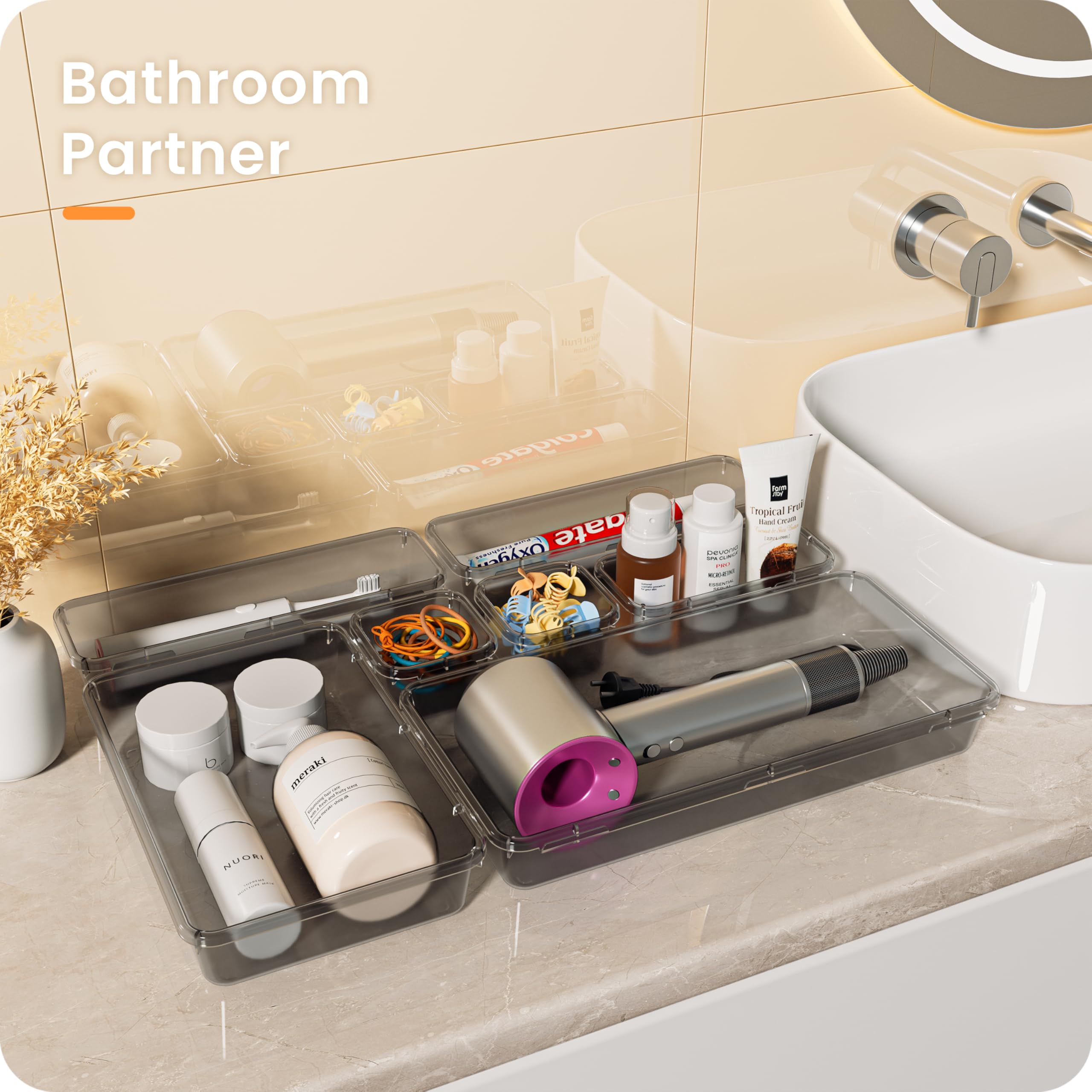 A-LuGei 【Military Grade】 Drawer Organizer,【𝟱𝗦𝗶𝘇𝗲】 Makeup organizer,【Holds 177 Items】 Bathroom Organizers and Storage,Organization and Storage,Desk Drawer Organizer for Vanity【Clear Black】