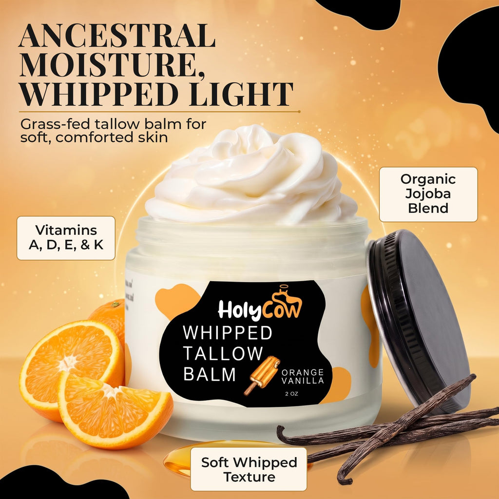 HolyCow Grass Fed Beef Tallow For Skin, Jojoba Oil, 2 Oz - Orange Vanilla