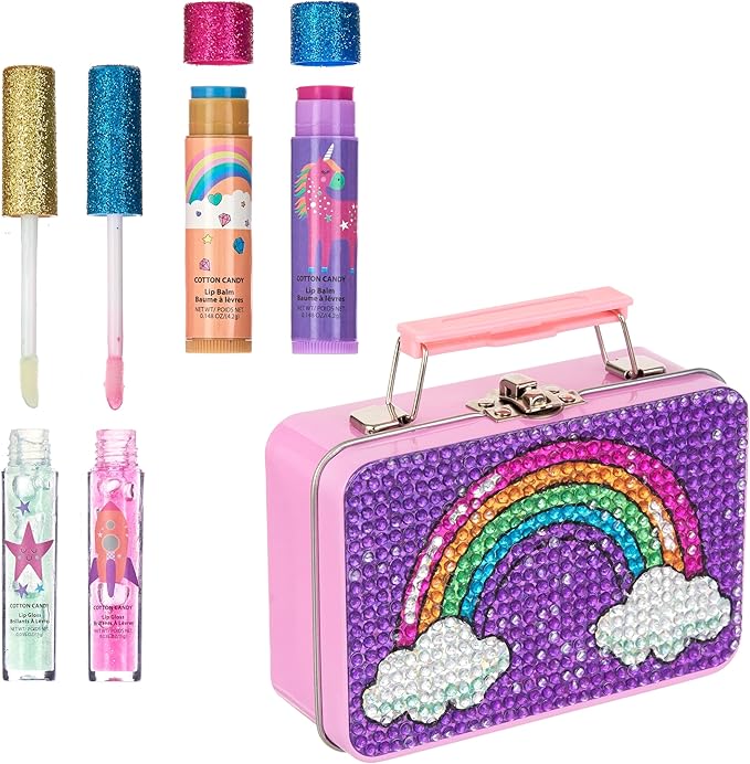 5pc Rainbow Rhinestones Cosmetics Lip Kit For Kids w/Lip Glosses, Lip Balms & Tin Box Storage Case "Magical" Lip Set,Washable + Non Toxic