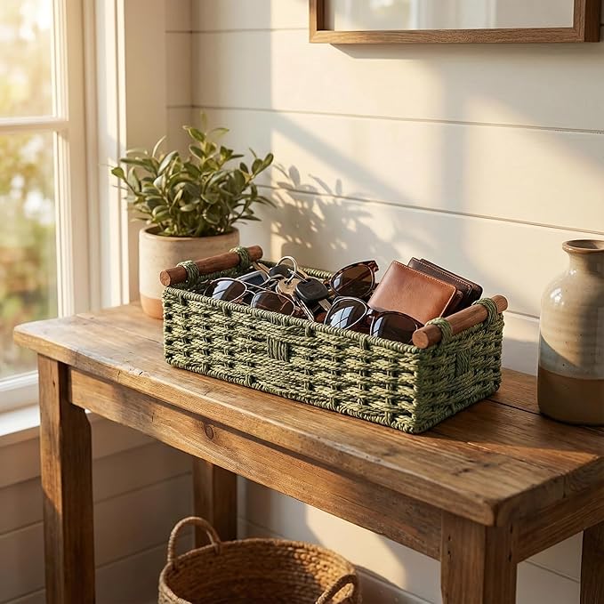 Back of Toilet Basket, Green Wicker Toilet Tank Basket for Toilet Paper Storage, Basket for Toilet Tank Top, Fresh Bathroom Organizer for Wipes & Essentials