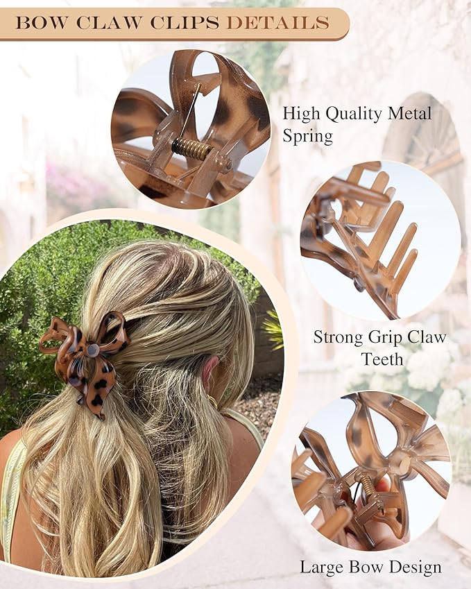 4 PCS Bow Hair Clips Bow Claw Clip for Women, Large Hair Claw Clips for Thin Thick Long Hair Cute Nonslip Bows (Black+Leopard Dark Brown+Leopard Light Brown+Gray)