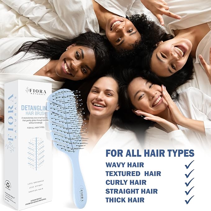 Detangler Brush by Fiora Naturals - 100% Bio-Friendly Detangling brush w/Ultra-Soft Bristles - Glide Through Tangles with Ease - For Curly, Fine, Black Natural, Women, Men, Kids - Dry and Wet Hair