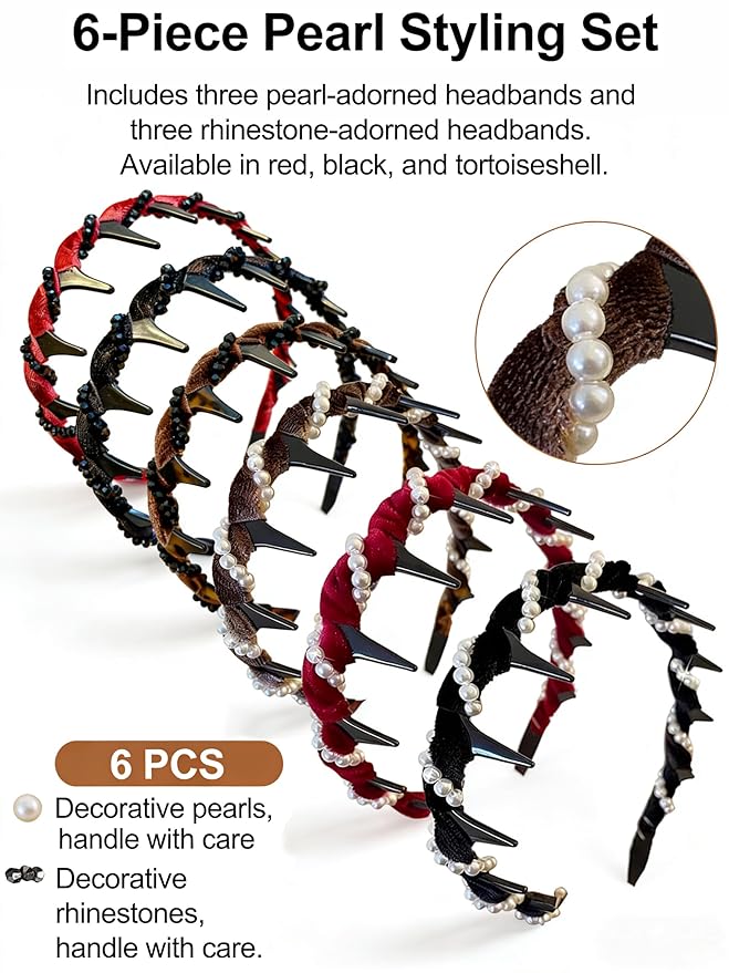6 Pcs Headbands for Women with Teeth, Non-Slip Wavy Comb Headbands with Teeth, High Skull Hair Bands for Slicked Back & Volume Styling, Pearl Beaded Accessories for Parties, Weddings & Short-Term Wear