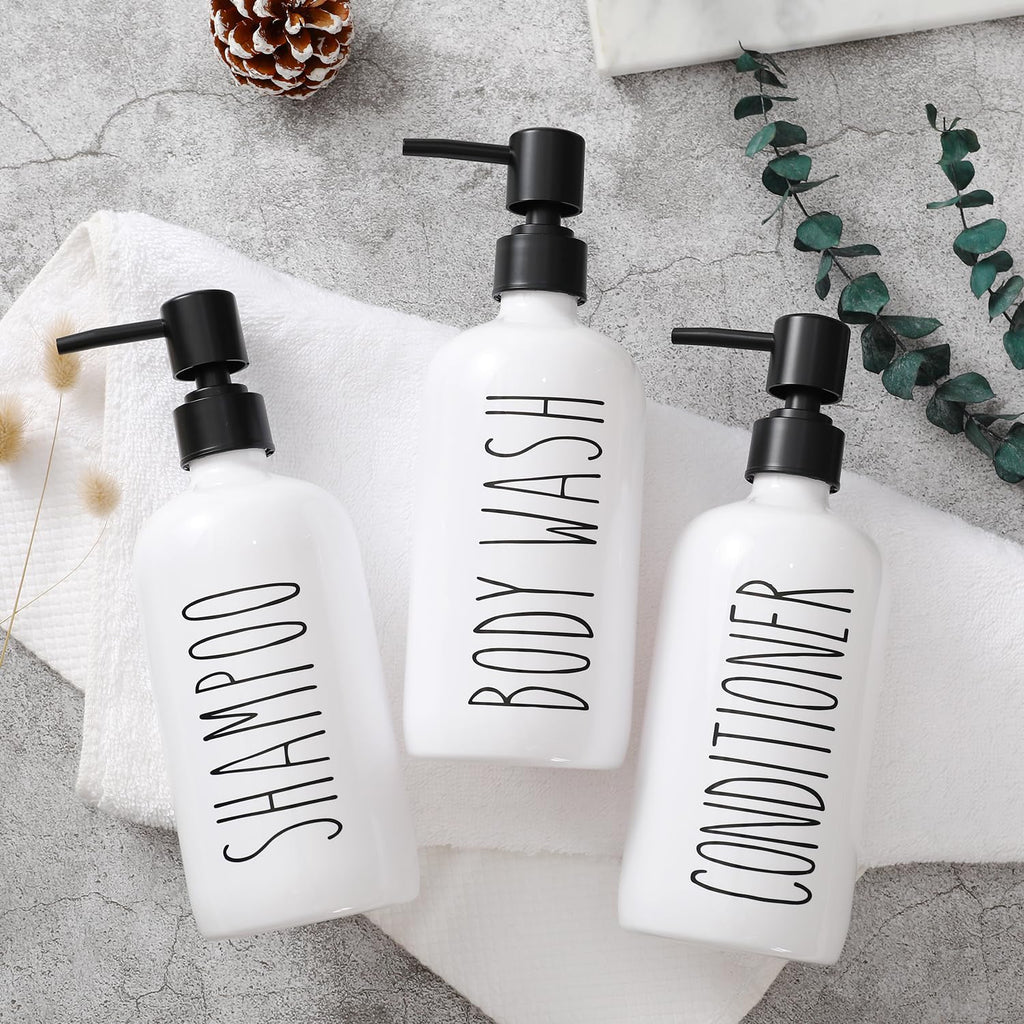 HOMCDALY Shampoo and Conditioner Dispenser Set of 3, 21oz Shower Soap Bottles with Pump, Refillable Shampoo Conditioner Body Wash Dispenser, Bathroom Shower Shampoo Bottles, shampoo container(P-White)
