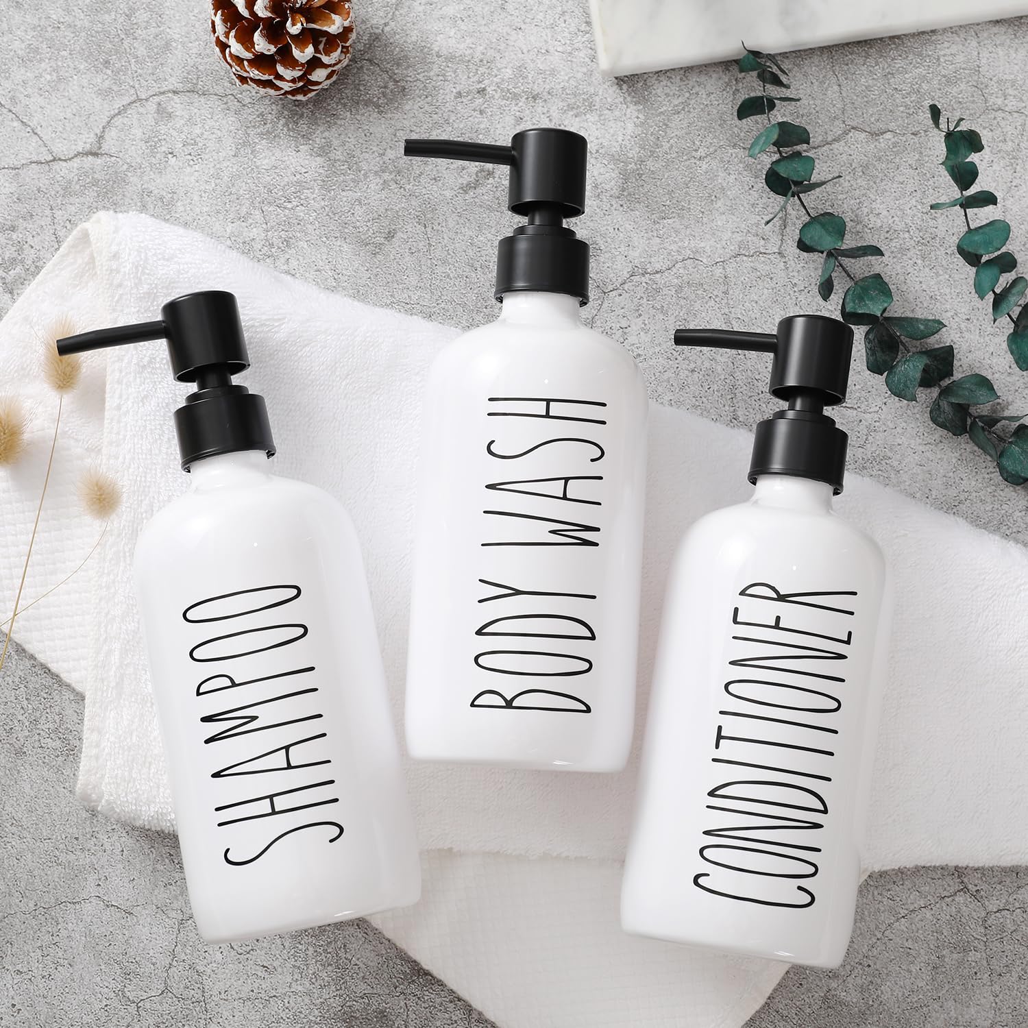 HOMCDALY Shampoo and Conditioner Dispenser Set of 3, 21oz Shower Soap Bottles with Pump, Refillable Shampoo Conditioner Body Wash Dispenser, Bathroom Shower Shampoo Bottles, shampoo container(P-White)