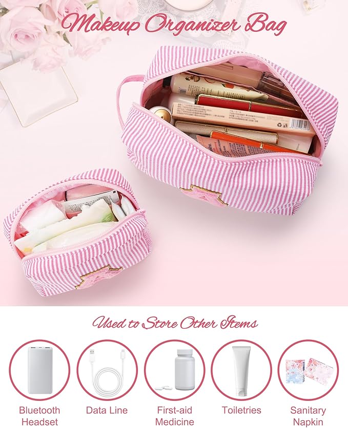 MONSTINA Personalized Initial Makeup Bag for Women,Make Up Case for Girlfriend Bridesmaid Wife,Birthday Gift for Her Cute Toiletry Bag,2PCS,Pink G