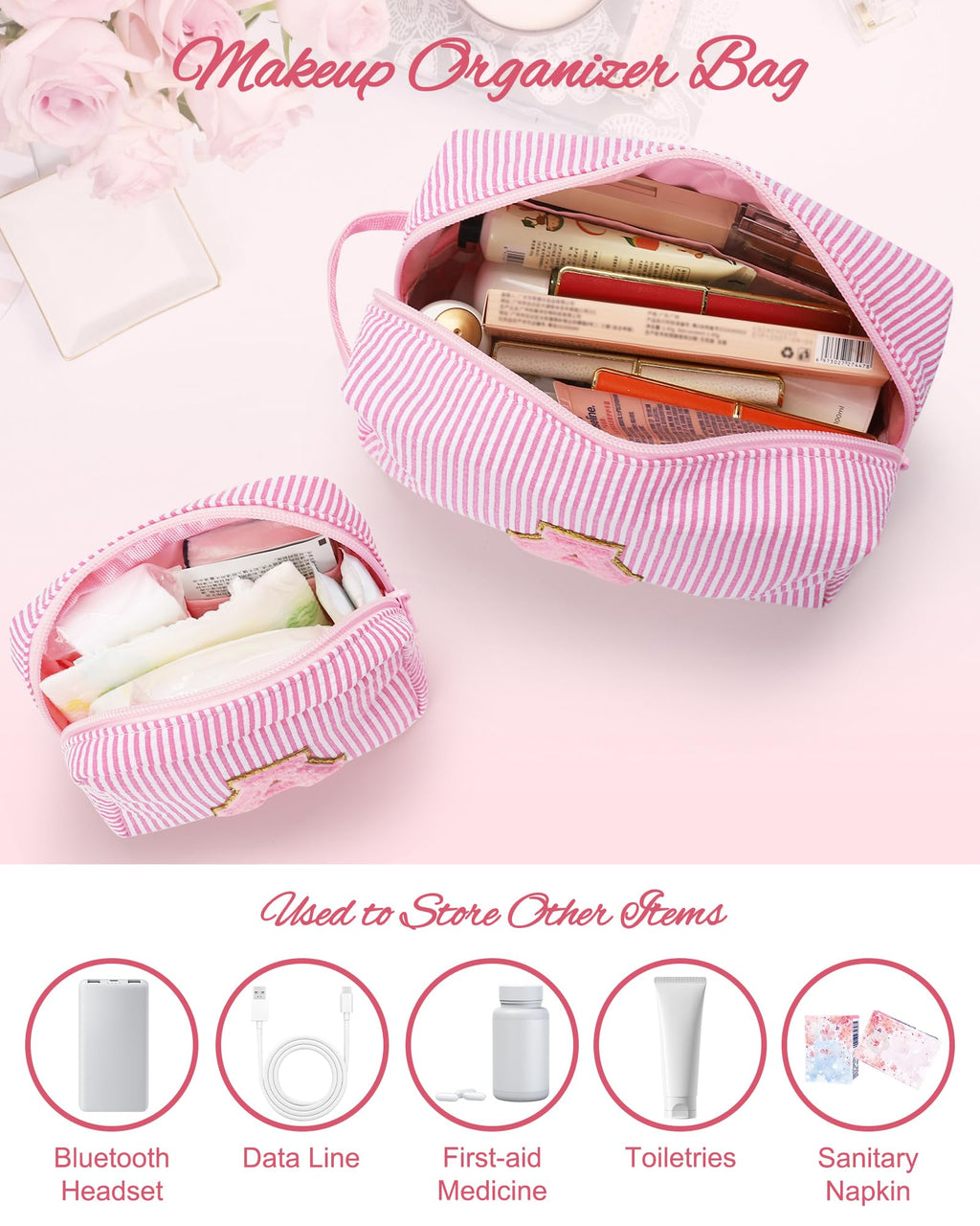 MONSTINA Initial Period Bag Sanitary Napkin Storage Bag Tampon Pouch Portable Feminine Care First Period Kit for Teen Girls Women Gift for Her Cute Toiletry Bag,2PCS,Pink O