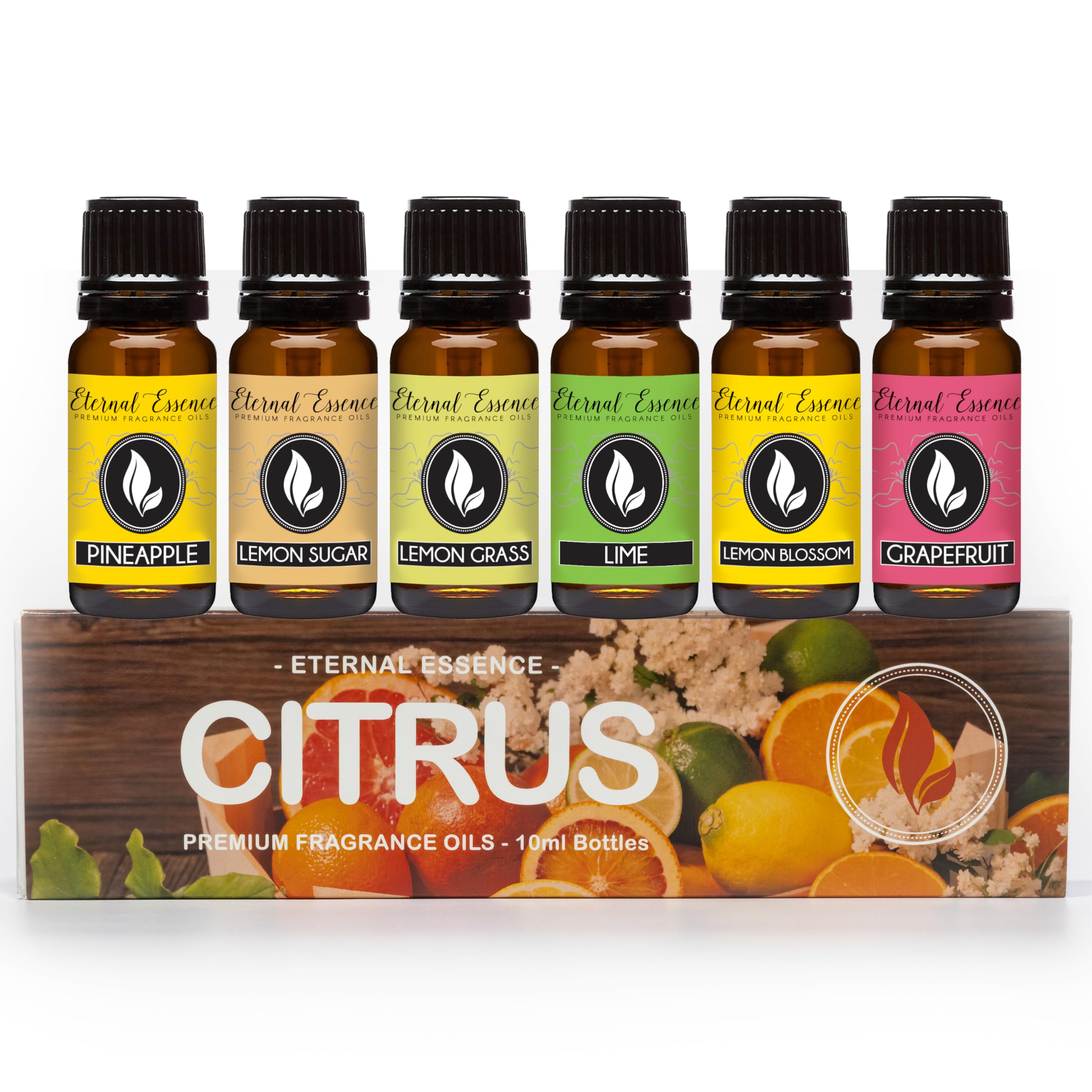 Eternal Essence Oils Citrus Set of 6 Premium Fragrance Oils - Lemon Grass, Blossom, Sugar, Lime, Grapefruit, and Pineapple - for Diffusers, Candle & Soap Making, & Aromatherapy - 10ML