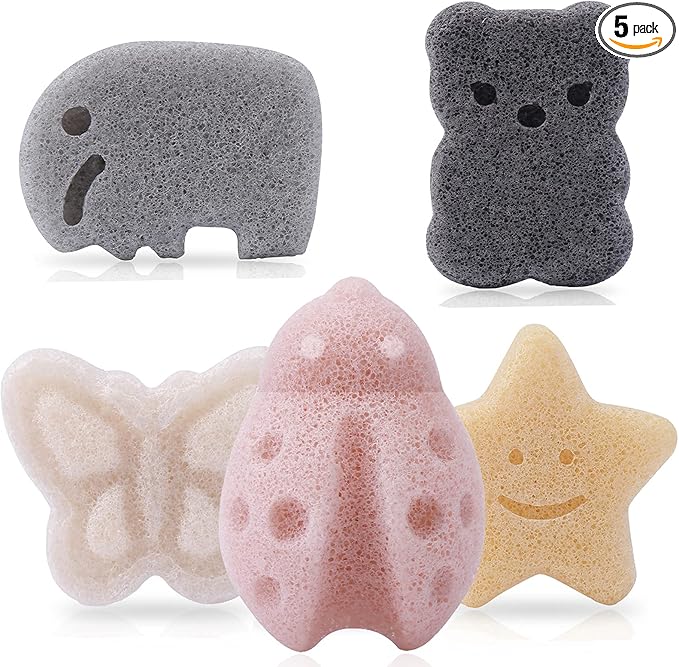 Konjac Baby Sponge for Bathing, Kids Bath Sponges for Infants, Toddler Bath Time, Cute Shapes and Safe Plant-Based Konjac Baby Bath Accessories, 5pcs