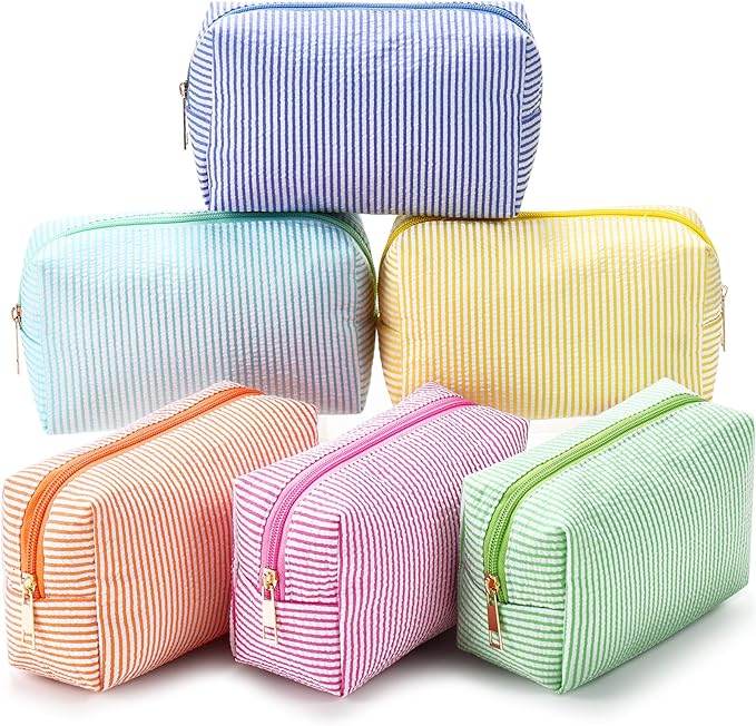 Sanwuta 6 Pcs Seersucker Cosmetic Bags Bulk Seersucker Makeup Bags Stripe Women Pouch Large Preppy Storage Pouch Toiletry Travel for Wedding Bridesmaid Bride Favor Back to Teacher Gift (Rainbow)