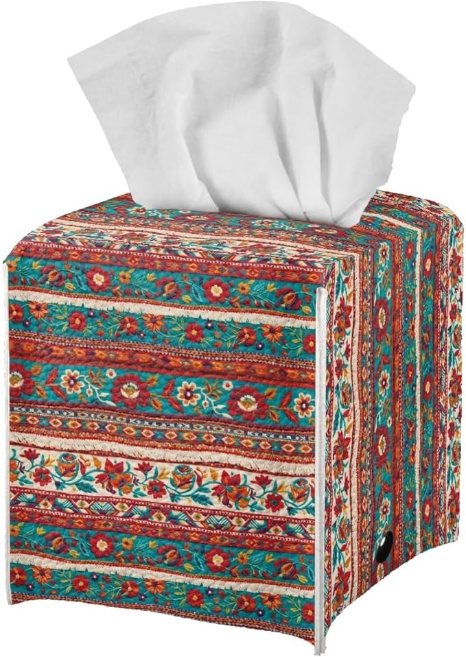 Brown Aztec Tissue Box Holder Waterproof PU Leather Square Modern Tissue Box Cover with Metal Button Napkin Holder for Home Office Car