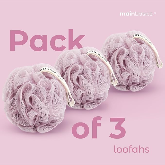 MainBasics Shower Loofah Sponge Pouf, Set of 3, Perfectly Pink