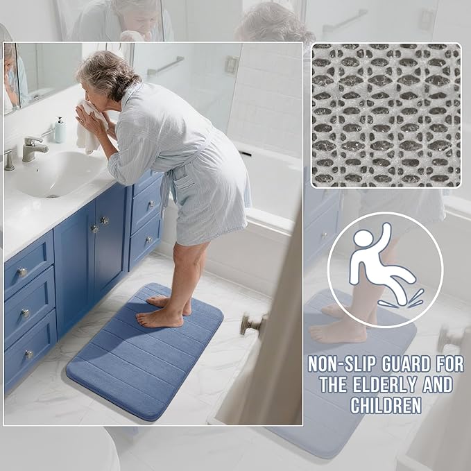 Yimobra U-Shaped Toilet Bath Mat Set 2 Piece - Soft Absorbent Quick Dry Memory Foam Bathroom Rugs, Machine Washable Non Slip Floor Carpet for Tub Shower & Single Sink (17x24 & 24x20, Denim Blue)