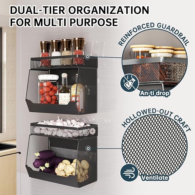 Magnetic Shelf for Fridge 2-Tier Baskets - Fruit Potato Onion and Vegetable Storage Bins, Magnetic Spice Rack For Refrigerator, Heavy Duty Fridge Organizer For Refrigerator, Kitchen Counter, Cabinet