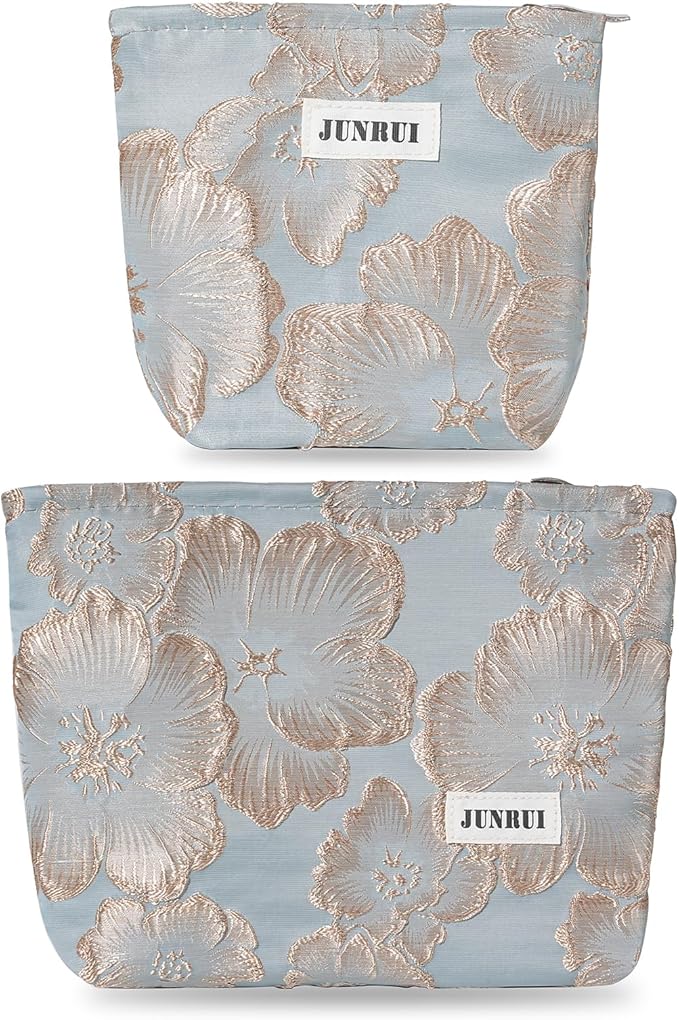 BOCGRPU 2 PCS Makeup Bag Small Cute Makeup Pouch Floral Cosmetic Bag for Women，Soft Toiletry Bag Pouch for Purse，Embroidery Craft Makeup Bag with Zipper（Gold Flower）