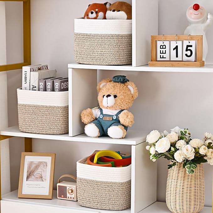 3 Pack Cube Storage Bin, 9”x9”x7” Cotton Rope Woven Baskets for Organizing Toys Clothes Towels, Square Gift Storage Baskets for Shelf, Nursery, Closet, Bathroom, Pantry (White & Jute)
