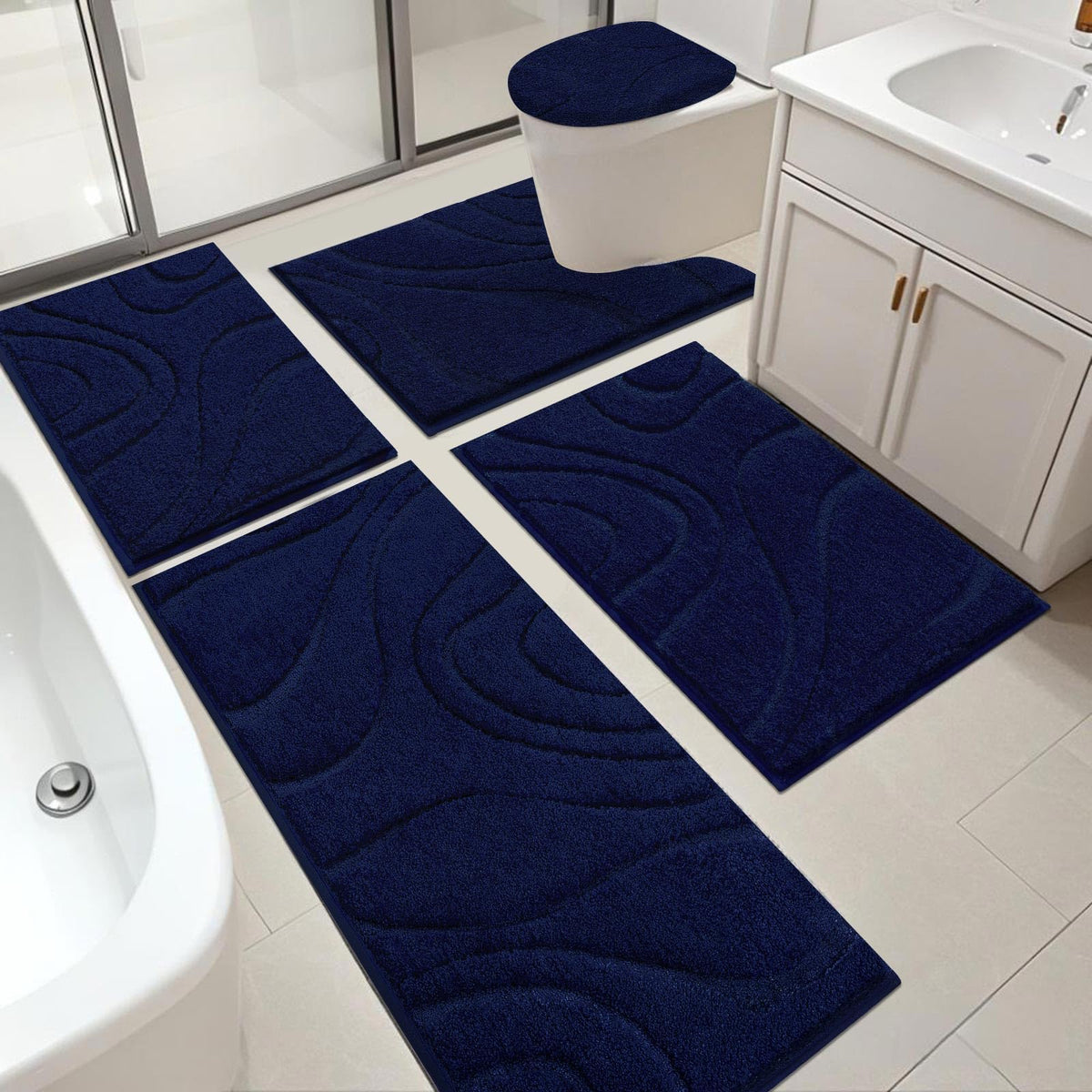 HEBE Bathroom Rugs Sets 5 Piece, Non Slip Washable Absorbent Bath Mat Set