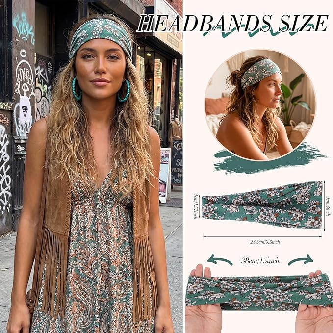 obeoby Boho Style Headbands for Women, 8 Pack Non Slip Headbands Fashion Hippie Clothes Outfit Gift Wide Hairband Hair Wrap