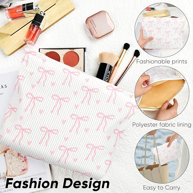 Ksriylm Cute Makeup Pouch for Women Bows Hearts Small Make Up Bag for Purse Zipper Initial Cosmetic Bags Pouches for Purse Aesthetic Travel Toiletrybags,Pink Bow Heart