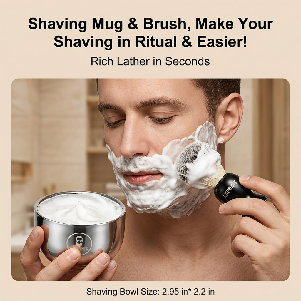 LEPONIX Shaving Kit for Men with Straight Razor Shaving Brush and Bowl