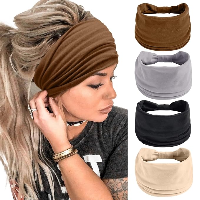 Huachi Wide Headbands for Women Black Stylish Head Wraps Boho Thick Hairbands Large African Sport Yoga Turban Headband Hair Accessories (Pack of 4)