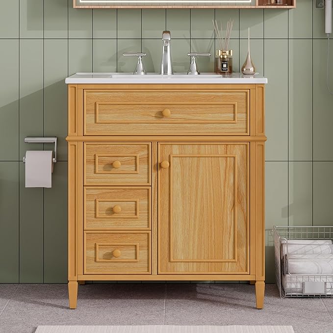 Harper & Bright Designs 30" Bathroom Vanity with Sink, Free Standing Single Basin Vanity Set with Tip-Out Drawer, 2 Drawers, and 2 Doors, Wood Bathroom Cabinet with Ceramic Basin for Bathroom, Wood