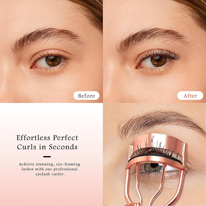 Pro Eyelash Curler – No Pinching, Hypoallergenic Rubber Pad for Perfect Curves, Painless & Gentle, Fits All Eye Types – Compact Travel-Friendly Design with Case (Rose Gold)
