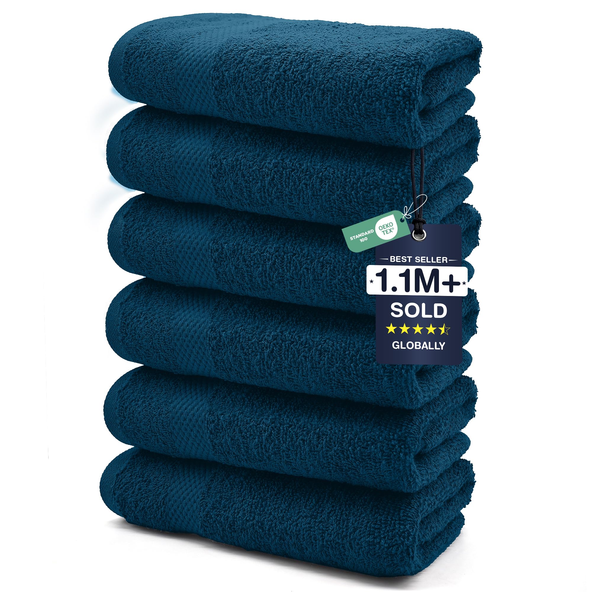 DAN RIVER 6-Pack Premium Hand Towels (16x28 Inches) - 100% Cotton, Ultra Soft, Lightweight, Highly Absorbent Towels for Bathroom, Spa, Gym, Salon, Hotel, and Travel - Opal Blue