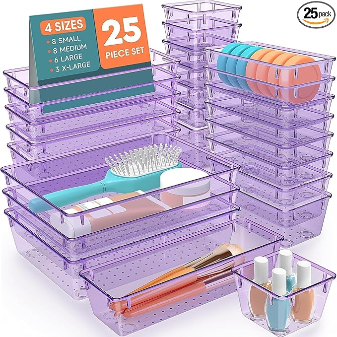 SpaceHacks 25 PCS Plastic Drawer Organizer, 4-Size Versatile Organizer Trays & storage Bins