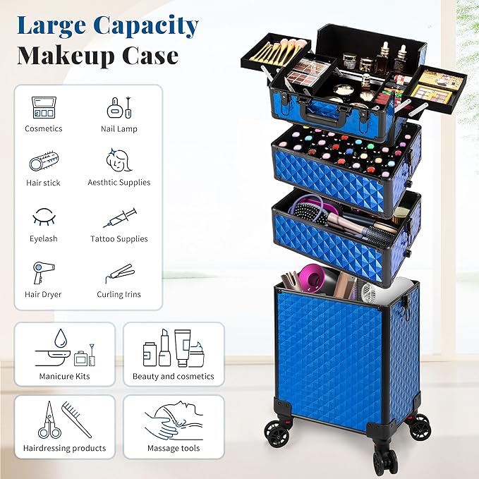 AROUS Rolling Train Makeup Case Cosmetology Case on Wheels, Blue