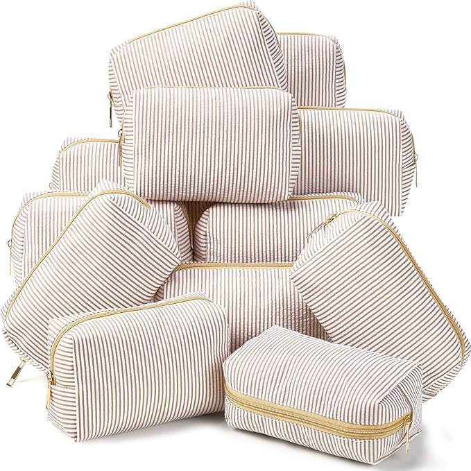 Sanwuta 12 Pcs Seersucker Cosmetic Bags Bulk Seersucker Makeup Bags Stripe Women Pouch Large Preppy Storage Pouch Toiletry Travel for Wedding Bridesmaid Bride Favor Back to Teacher Gift (Khaki)