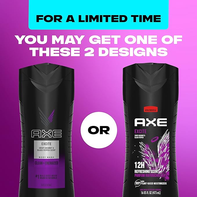 AXE Crisp Coconut & Black Pepper Body Wash 4 Count 12h Refreshing Scent Excite Men's Body Wash with 100% Plant-Based Moisturizers 16 oz