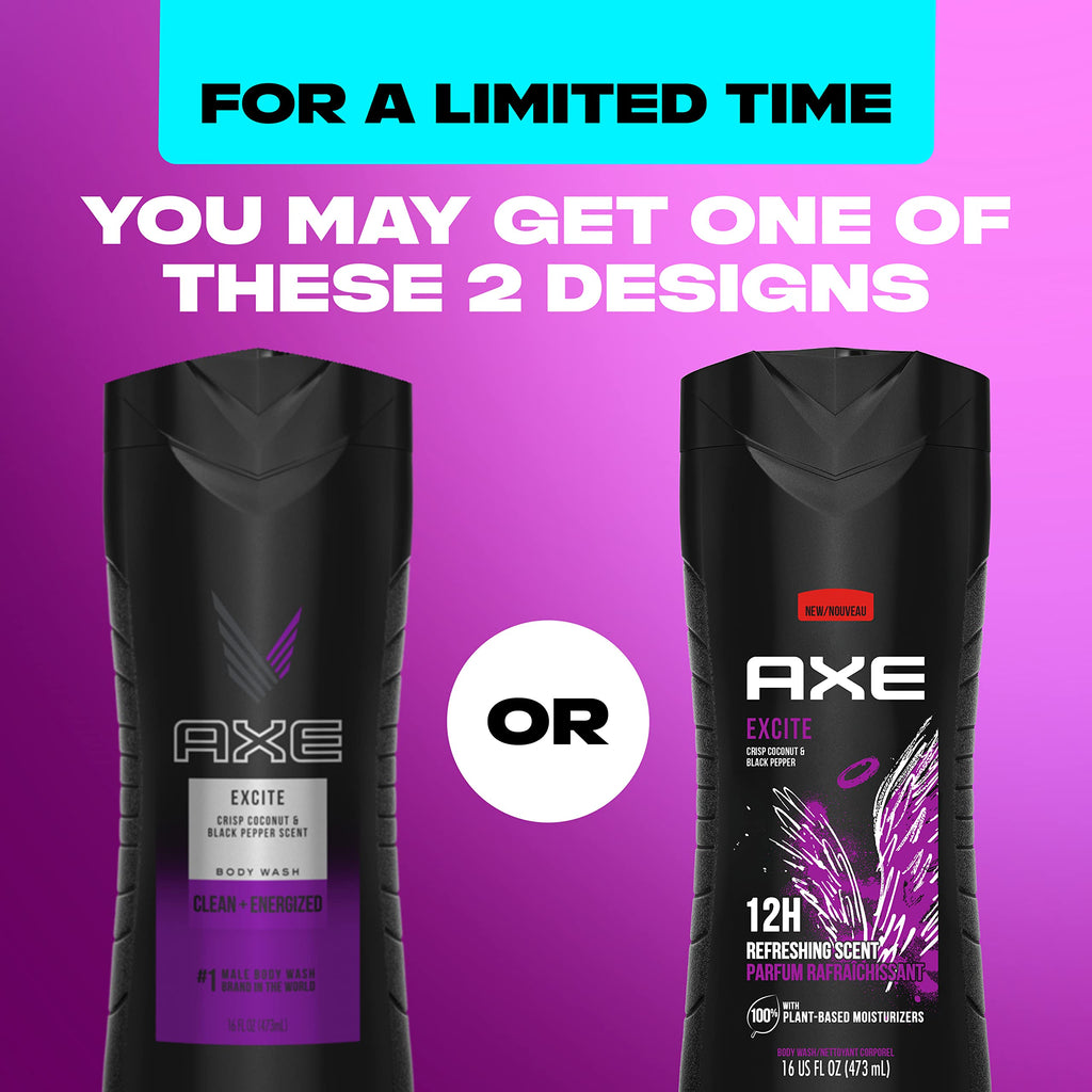 AXE Crisp Coconut & Black Pepper Body Wash 4 Count 12h Refreshing Scent Excite Men's Body Wash with 100% Plant-Based Moisturizers 16 oz