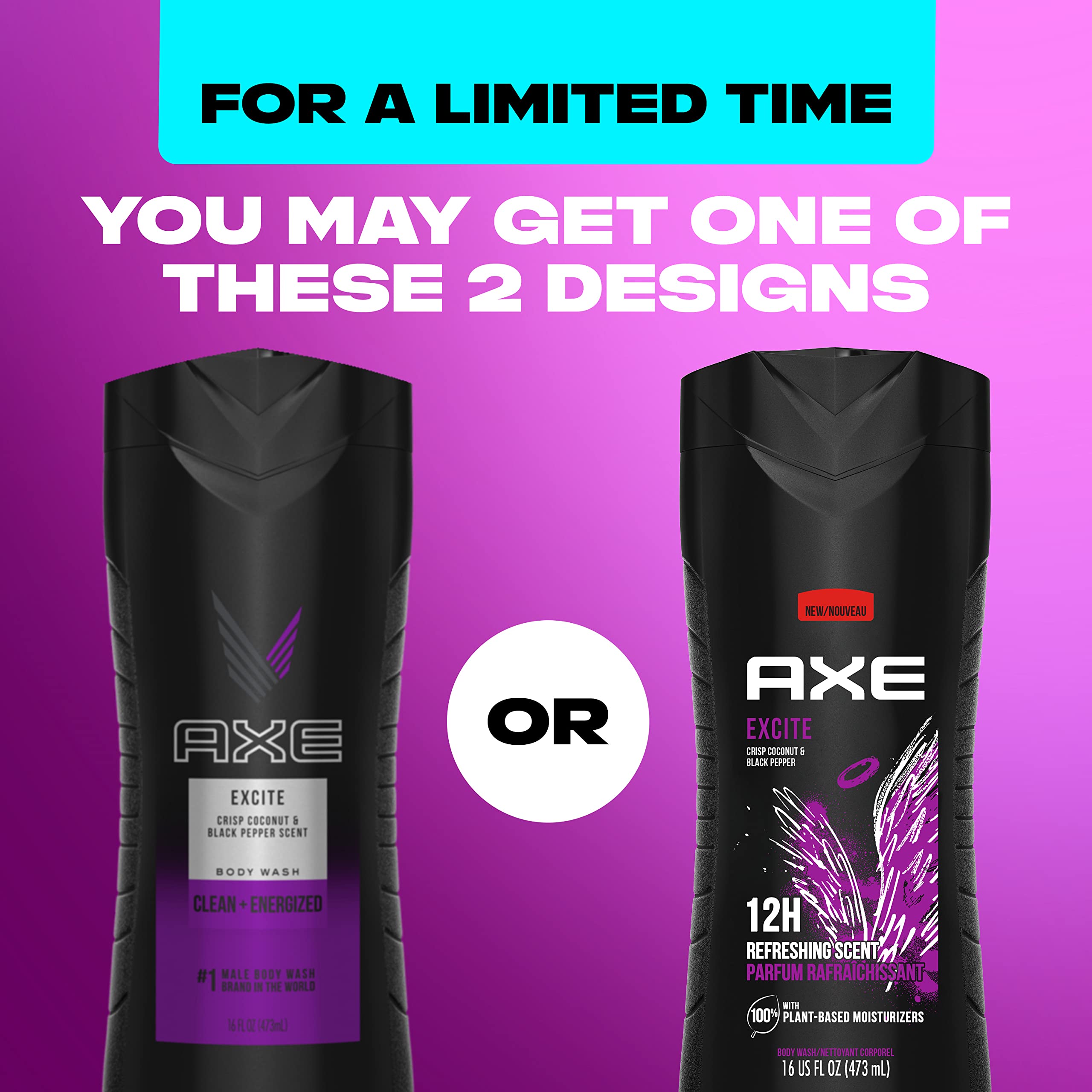 AXE Crisp Coconut & Black Pepper Body Wash 4 Count 12h Refreshing Scent Excite Men's Body Wash with 100% Plant-Based Moisturizers 16 oz