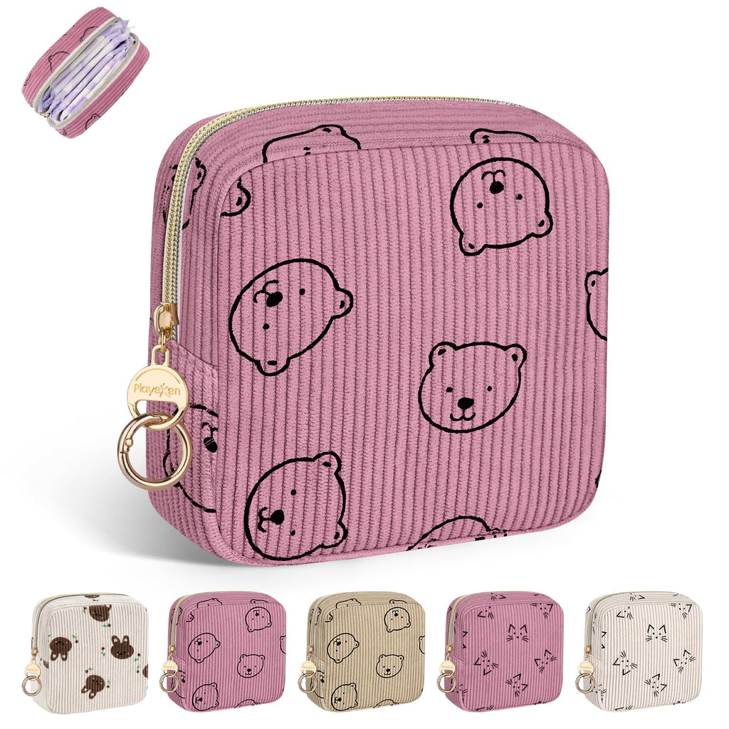 Playexen Period Bag for Teen Girls, Corduroy Sanitary Napkin Storage Bag, Menstrual Pad Pouches Tampon Holder for Purse (Bears-Pink)
