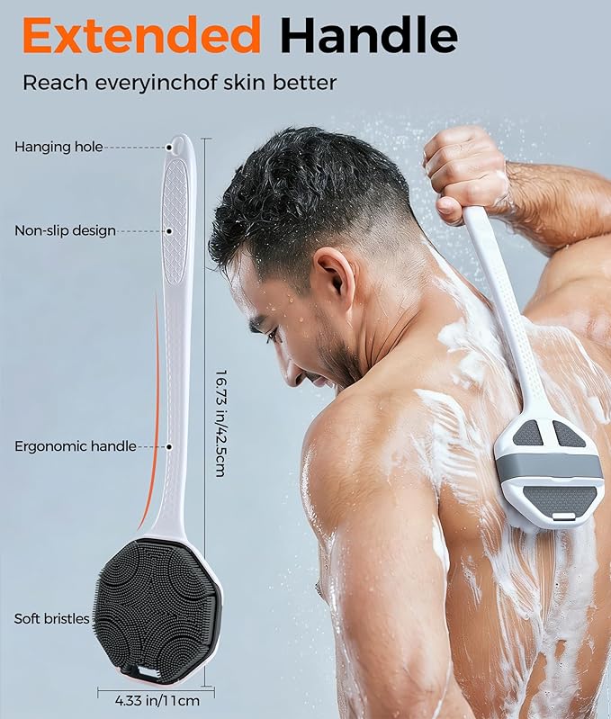 Silicone Body Scrubber with Long Handle, 2 Pack Soft Bristles Lathers Easily for Gentle Exfoliating & Deep Clean, Rich Foam, Durable Back Bath Brush (Grey + Pink)
