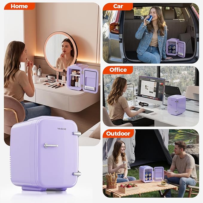 YASHE Mini Fridge, 4 Liter/6 Can Mini Makeup Fridge, 110V AC/ 12V DC Portable Thermoelectric Cooler&Warmer for Skincare, Drink, Cosmetic, Medicine, Small fridge for Bedroom, Office, Dorm, Car, Purple