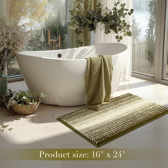 BSICPRO Bathroom Rugs, Bath Mat Non Slip 17 x 24 Inches Water Absorbent Chenille Floor Mats Machine Washable (Olive Green)