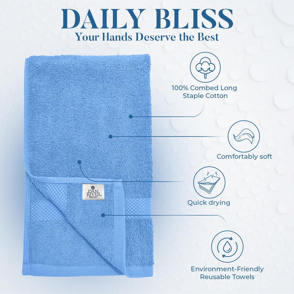 DAN RIVER 6-Pack Premium Hand Towels (16x28 Inches) - 100% Cotton, Ultra Soft, Lightweight, Highly Absorbent Towels for Bathroom, Spa, Gym, Salon, Hotel, and Travel - Medium Blue