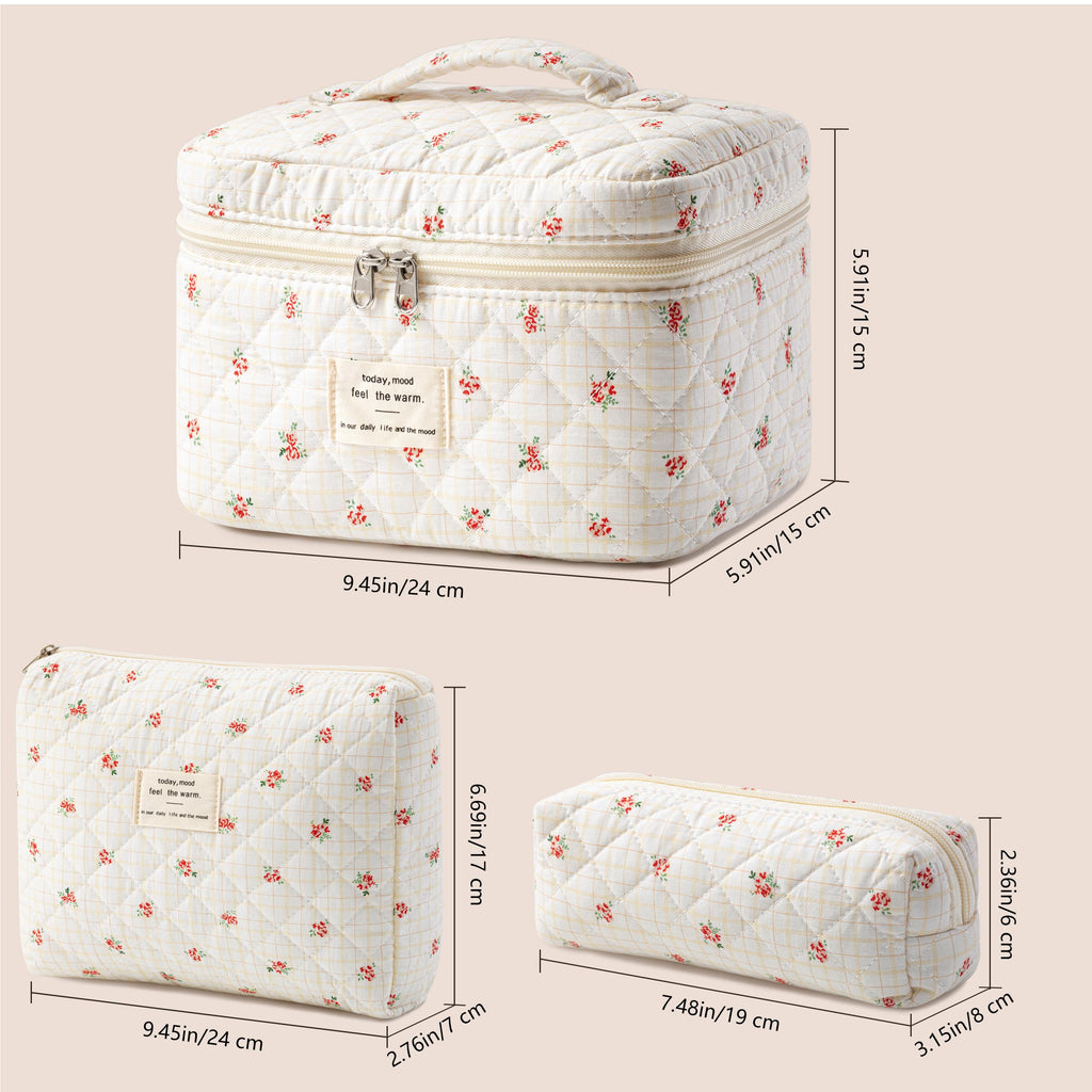 HBselect Quilted Makeup Bag, 3Pcs Cotton Large Travel Makeup Bags Organizer