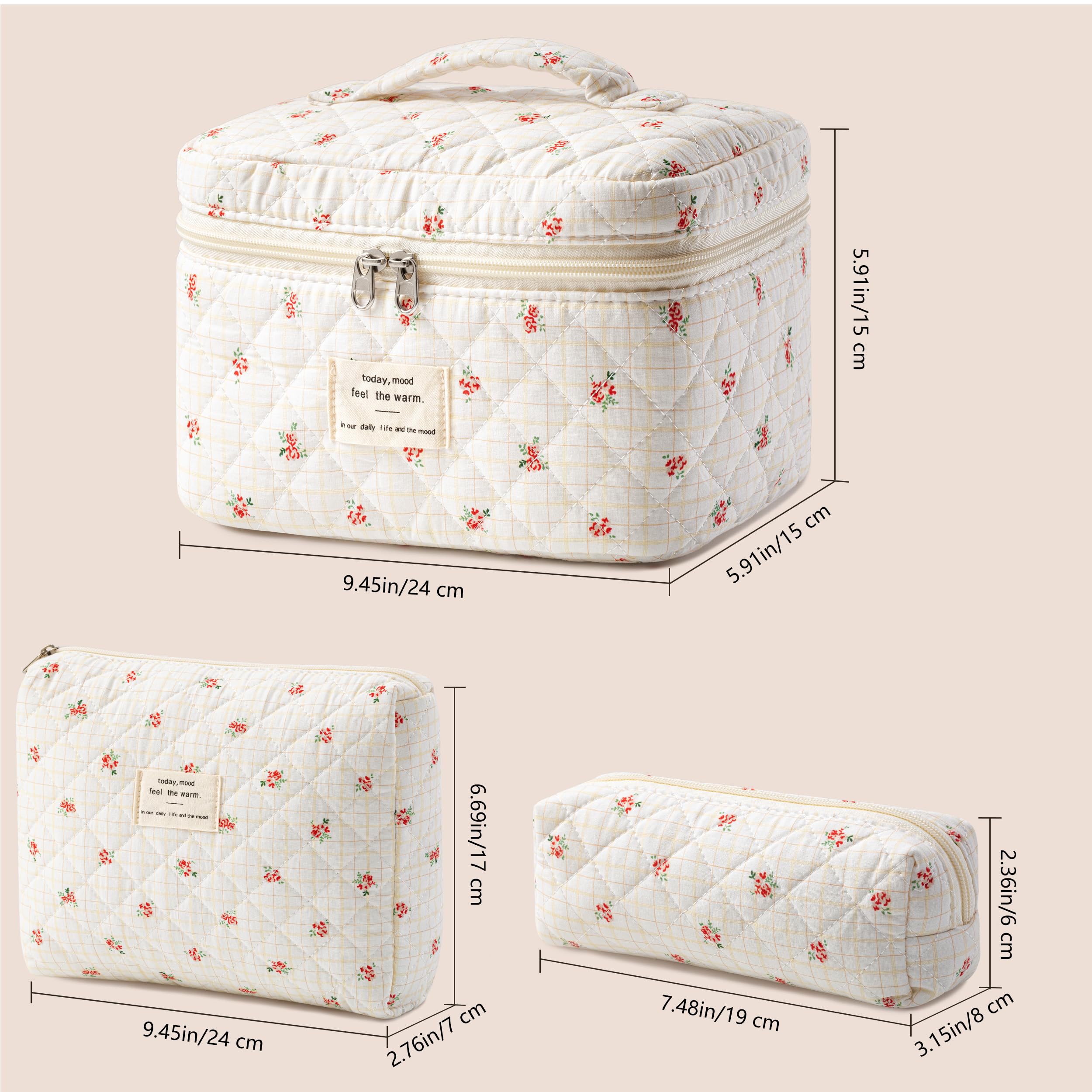 HBselect Quilted Makeup Bag, 3Pcs Cotton Large Travel Makeup Bags Organizer