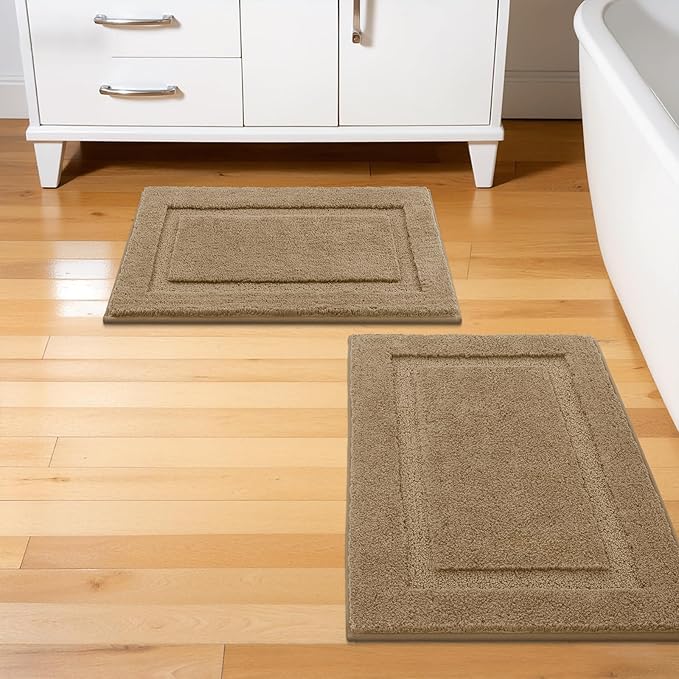 SHACOS Soft Fluffy Bathroom Rugs Sets of 2 Pieces 32x20 inch Non Slip Washable Bath Rugs Absorbent Bath Mats Bathroom Accessories Carpet for Floor Shower Tub, Khaki