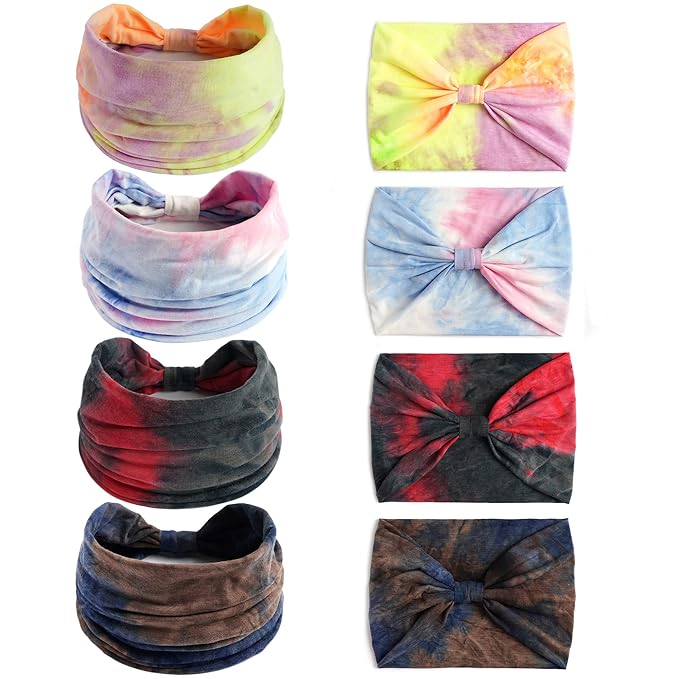 Boho Headbands For Women Fashion Stretch Wide Hair Bands Tie Dye Knoted Turban Head Bands Yoga Running Sweatband Elastic Headband Stylish Wrap Headbands Hair Accessories for Teen Girls 4 Pack